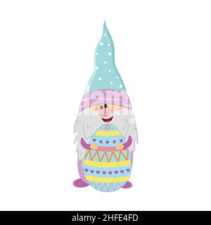Easter gnome holding egg with ornament, cute character, vector illustration, clipart, scrapbooking, holiday design Stock Vector