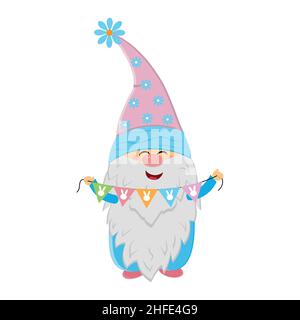 Easter gnome holding holiday garland, cute character, vector illustration, clipart, scrapbooking, holiday design Stock Vector