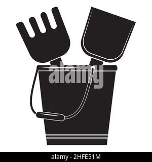 Sand tools icon shovel rake and bucket, isolated illustration black silhouette. Stock Vector