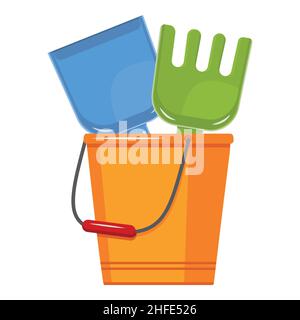 Bucket, shovel and rake for sandbox, isolated vector illustration. Stock Vector
