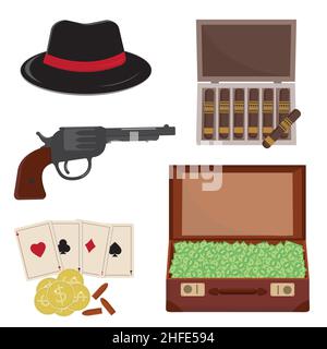 Mafia set, men's hat, money in a suitcase and a revolver with playing cards, vector illustration flat style. Stock Vector