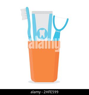 Toothbrush, toothpaste and dental floss in a glass, vector isolated illustration on a white background in cartoon style. Stock Vector