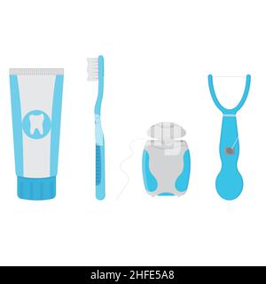 Toothbrush, toothpaste and dental floss, vector isolated illustration on a white background in cartoon style. Stock Vector