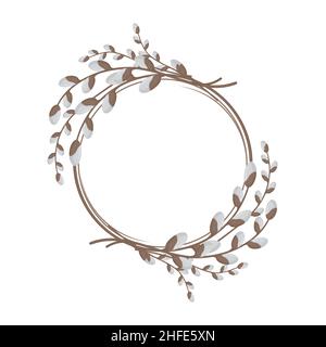 round frame of flowering willow branches, isolated vector illustration in flat style, design, decoration Stock Vector