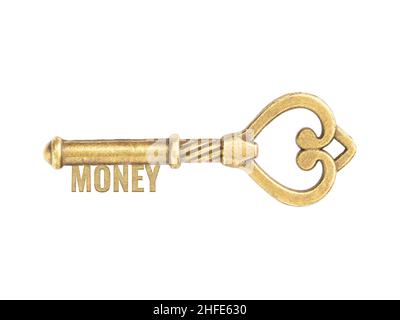 Bronze vintage antique keys with word Money isolated on white background. Concept chance and opportunity Stock Photo