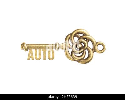 Bronze vintage antique keys with word Auto isolated on white background. Concept possibility and capacity Stock Photo