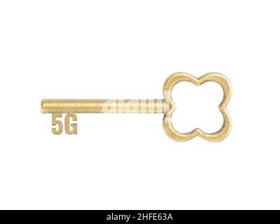 Bronze vintage antique keys with word 5G isolated on white background. Concept opportunity and ability Stock Photo