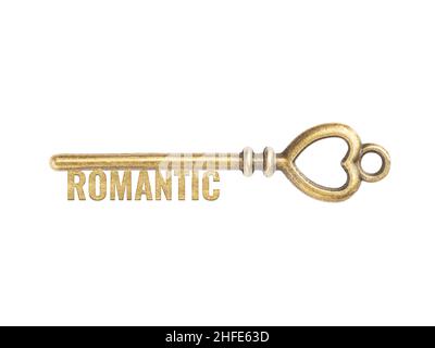 Bronze vintage antique keys with word Romantic isolated on white background. Concept chance and opportunity Stock Photo