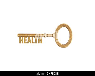 Bronze vintage antique keys with word Health isolated on white background. Concept chance and ability Stock Photo