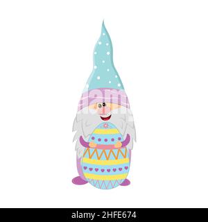 Easter gnome holding egg with ornament, cute character, vector illustration, clipart, scrapbooking, holiday design Stock Vector