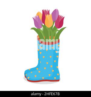 Flowers tulips in a rubber boot, isolated vector illustration icon, design Stock Vector
