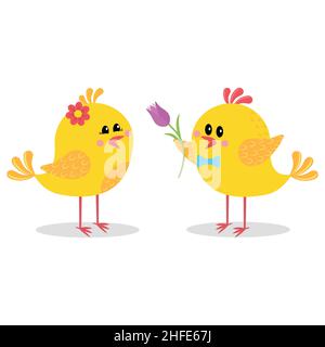 love chicks isolated on white background, color vector illustration in flat style, icon, design, decoration Stock Vector
