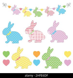 Set of Easter bunny templates with different ornaments for crafting a festive garland for Holy Easter, color isolated vector illustration, decor, craf Stock Vector