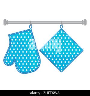 Oven mitt and oven mitt hanging on the rack on hooks, color isolated vector illustration in the flat style. Stock Vector