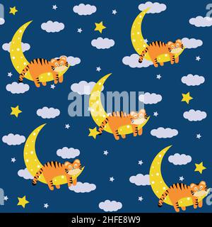 Tiger cub sleeping on the moon, pattern, color vector illustration. Stock Vector