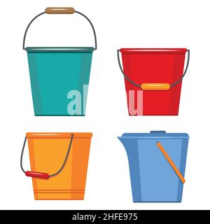 Set of insulated containers for washing and cleaning made of plastic, basins bucket bath, vector in flat style. Stock Vector