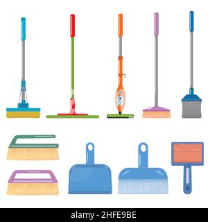 A set of accessories for cleaning the house, brushes, mops, dustpan, color isolated vector illustration. Stock Vector