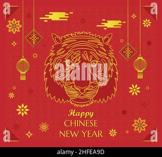 Happy Chinese New Year Tiger Poster Wallpaper Traditional Chinese golden red background frame greeting with lanterns and clouds Stock Vector