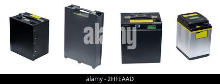 Type of rechargeable vehicle battery cell power storage for EV car or motorcycle isolated on white background Stock Photo