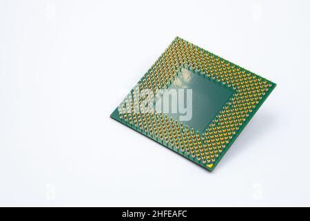 back side of personal computer CPU processor chip isolated on white background Stock Photo