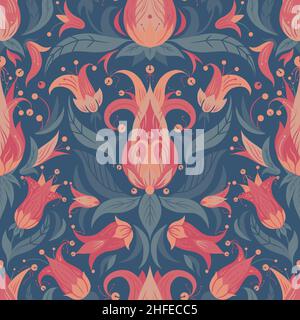 Seamless natural damask  pattern with fantastic flowers and foliage on blue background. Vintage floral boho ornament with bells and ribbons with decor Stock Photo