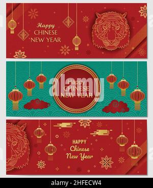 Happy Chinese New Year Tiger Banner Collection set of 3 Wallpaper Traditional Chinese golden red background frame greeting with lanterns and clouds Stock Vector