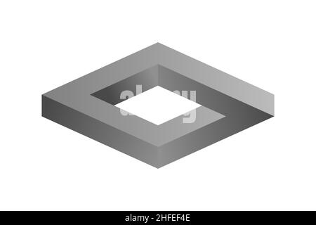 Impossible silver endless rectangle. Impossible box shape. Optical illusion. Gray gradient infinite rhombus figure. Abstract eternal geometric object. Stock Vector