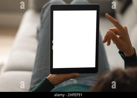 Close up digital computer tablet with mock up screen. Stock Photo