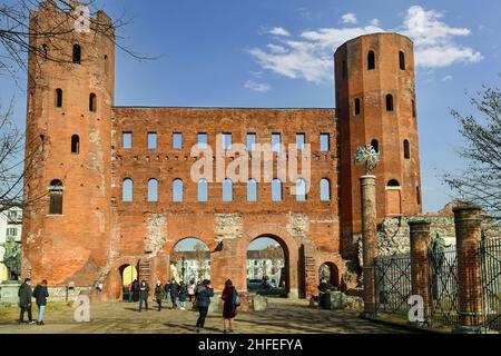 The Palatine Gate (Porta Palatina), a Roman Age city gate that served as access through the city walls, in the historic centre of Turin, Piedmont Stock Photo