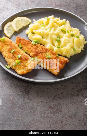 Breaded fish with a side dish of mashed potatoes and lemon close-up in a plate on the table. vertical Stock Photo