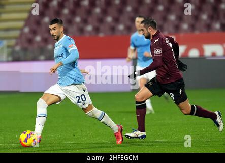 SALERNO, ITALY - JANUARY 15: Mattia Zaccagni of SS Lazio competes for the ball with Andrea Schiavone of US Salernitana ,during the Serie A match between US Salernitana and SS Lazio at Stadio Arechi on January 16, 2022 in Salerno, Italy. (Photo by MB Media) Stock Photo