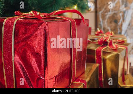 Close Up of Red Wrapped Christmas Gift Stock Photo