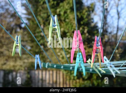 colourful pegs on washing line, england, uk Stock Photo