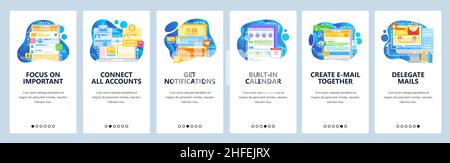 Shared team mailbox and accounts. Task management, business calendar, notifications. Mobile app onboarding screens. Vector banner template for website Stock Vector