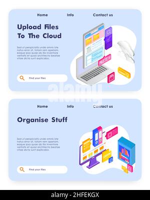 Online cloud office. Upload files to cloud storage technology. Business 3d concept Vector web site design template. Landing page website illustration. Stock Vector