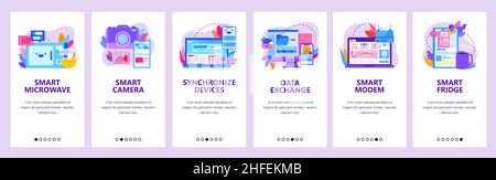 Smart home electronic and devices. Data exchange and sync technology. Mobile app onboarding screens. Menu vector banner template for website and Stock Vector