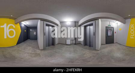 360 degree panoramic view of 360 hdri panorama in corridor near the elevators of metal service lift room on 16 floor in equirectangular spherical seamless projection, VR content,