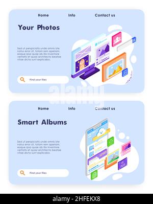 Smart photo album online. Upload photos to cloud storage. Isometric picture gallery. Vector web site design template. Landing page website concept Stock Vector