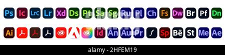 Adobe programs icons set. Photoshop, illustrator, lightroom, indesign. Adobe products logos collection vector illustration Stock Vector