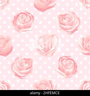 Pastel colored seamless pattern with cream pink roses on polka dot background Stock Vector