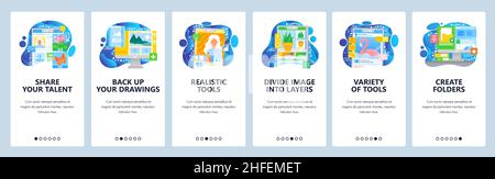 Graphic design and photo editing tools. Paint, draw and share your talent. Female artist. Mobile app screens. Vector banner template for website and Stock Vector