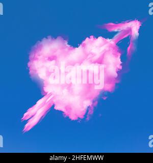 Love heart real pink cloud graphic with arrow on a plain sky blue background. Valentine symbol of romance and affection Stock Photo