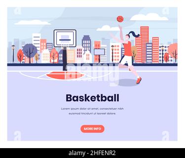 Girl plays basketball with urban city background. Woman player, sport, hoop, streetball. Vector web site design template. Landing page website concept Stock Vector
