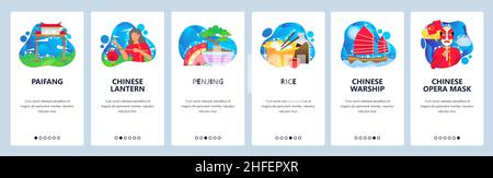 Chinese traditional culture icons. Chinese lantern, sichuan opera mask, paifang, penjing. Mobile app onboarding screens. Vector banner template for Stock Vector
