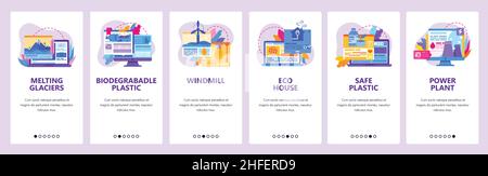 Environmental problems icons. Melting glaciers, plastic pollution, windmill, eco house. Mobile app screens. Vector banner template for website and Stock Vector