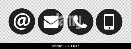 Contact icons buttons set on transparent background. Retro phone, mail, at symbol and Smartphone Simple contact signs in flat style on white backgroun Stock Vector