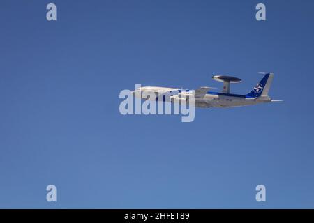 Bucharest, Romania - July 2, 2021: AWACS (Airborne Warning And Control System) NATO aeroplane at an air policing exercise. Stock Photo