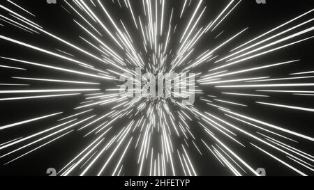White glowing stars trails on a dark background. Hyperspace jump illustration. Stock Photo