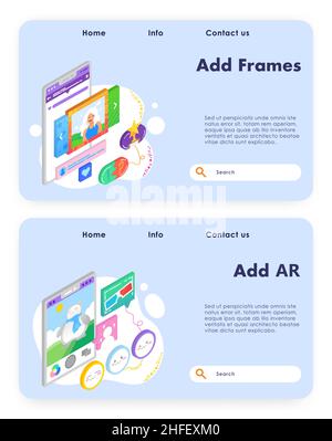 Photo gallery carousel and frame. Augmented reality technology, mobile phone game. Vector web site design template. Landing page website concept Stock Vector