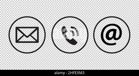 Contact icons in a circle set on checked transparent background. Retro phone, mail and at symbol Simple contact signs in flat style. Vector illustrati Stock Vector